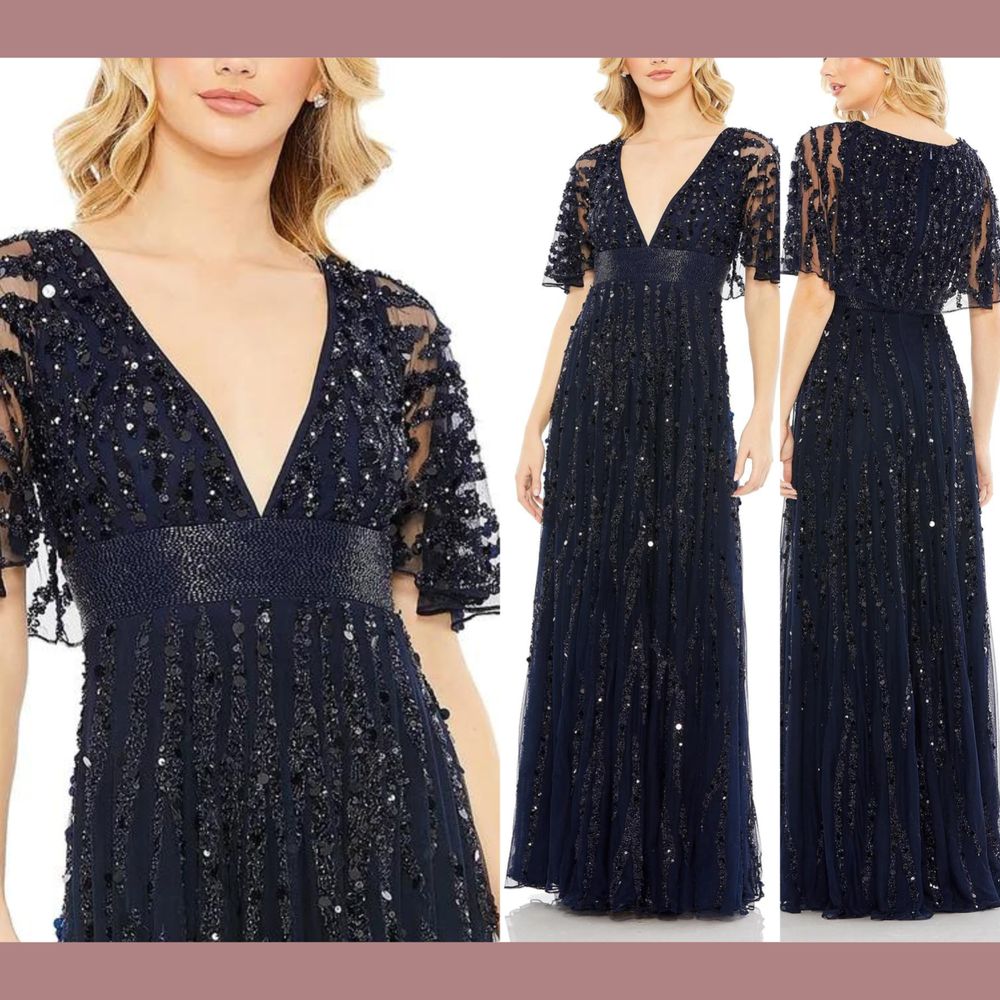 New $798 Mac Duggal [ 8 ] Embellished Vneck Cape Column Gown Midnight Blue #J18